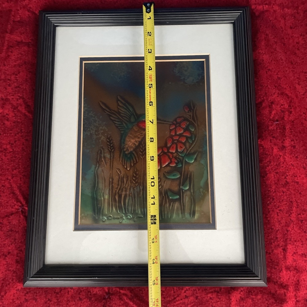 Don J. Dye Repousse Art Hummingbird Hammered Metal Copper Painted 15x12" Frame - Picture 7 of 8